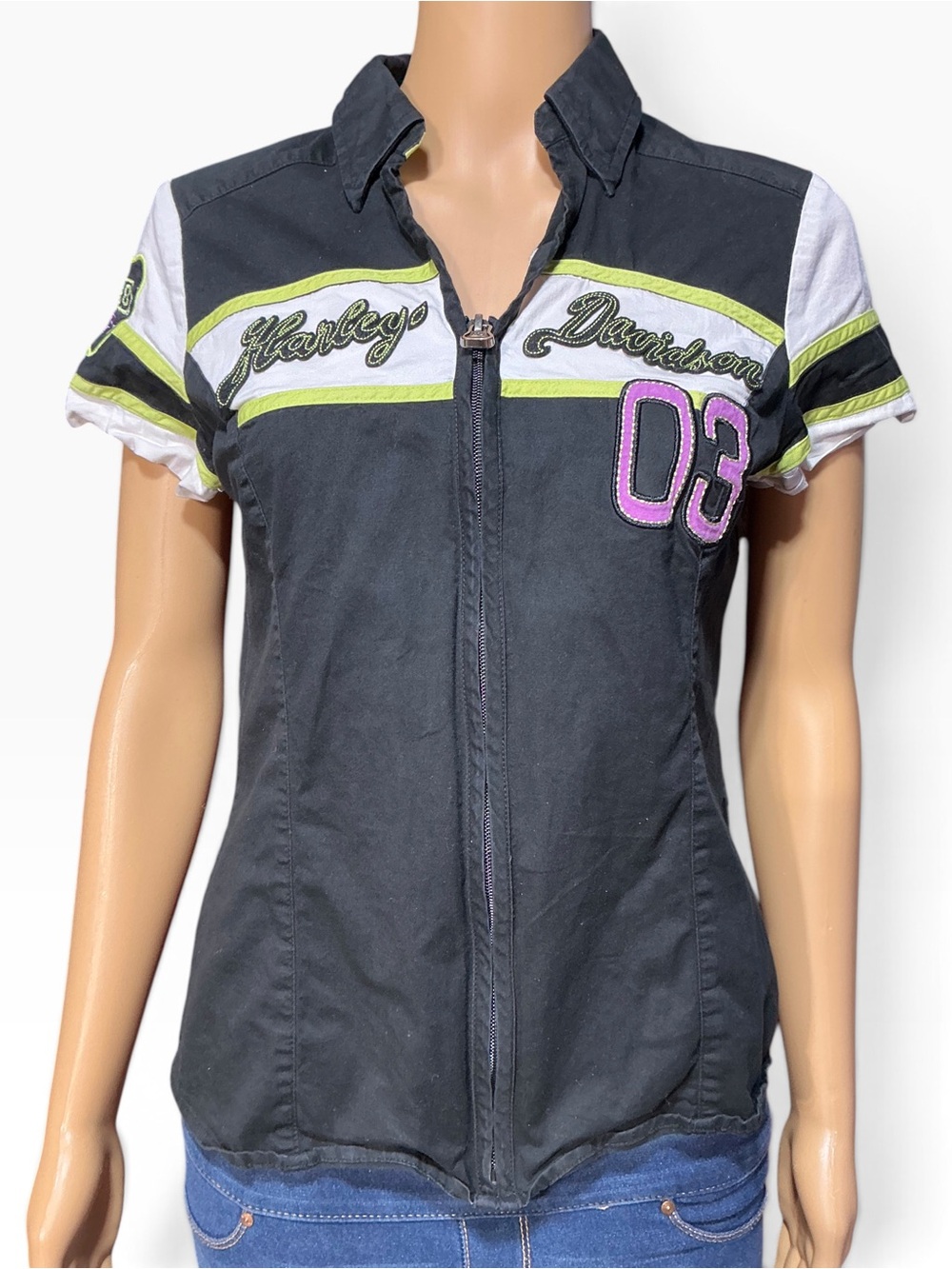 Harley-Davidson Women's Black Zip Front Short Sleeve Shirt
